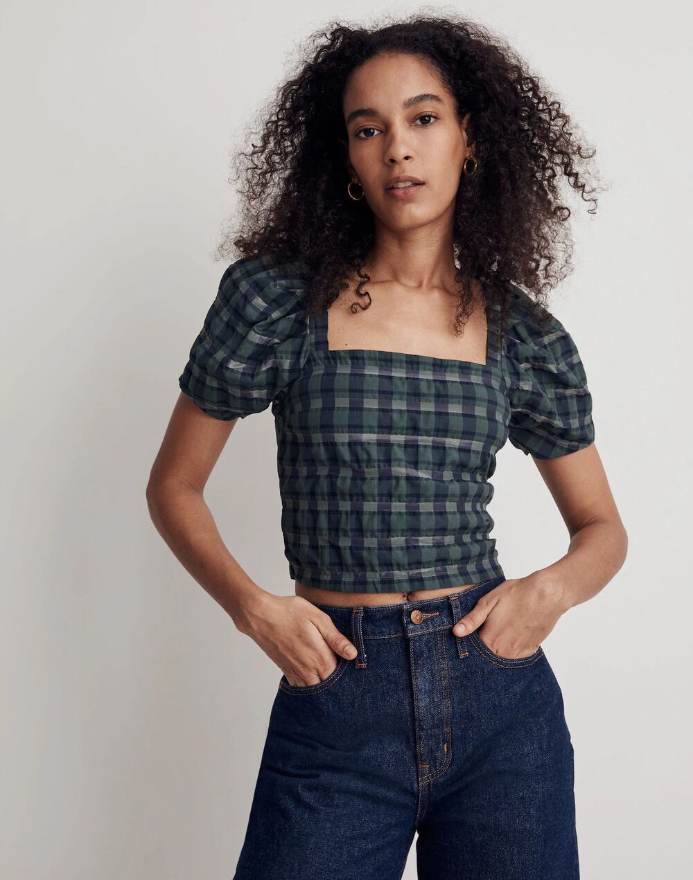 Madewell Hopewell Puff Sleeve Crop Top Blouse Plaid Forest Small